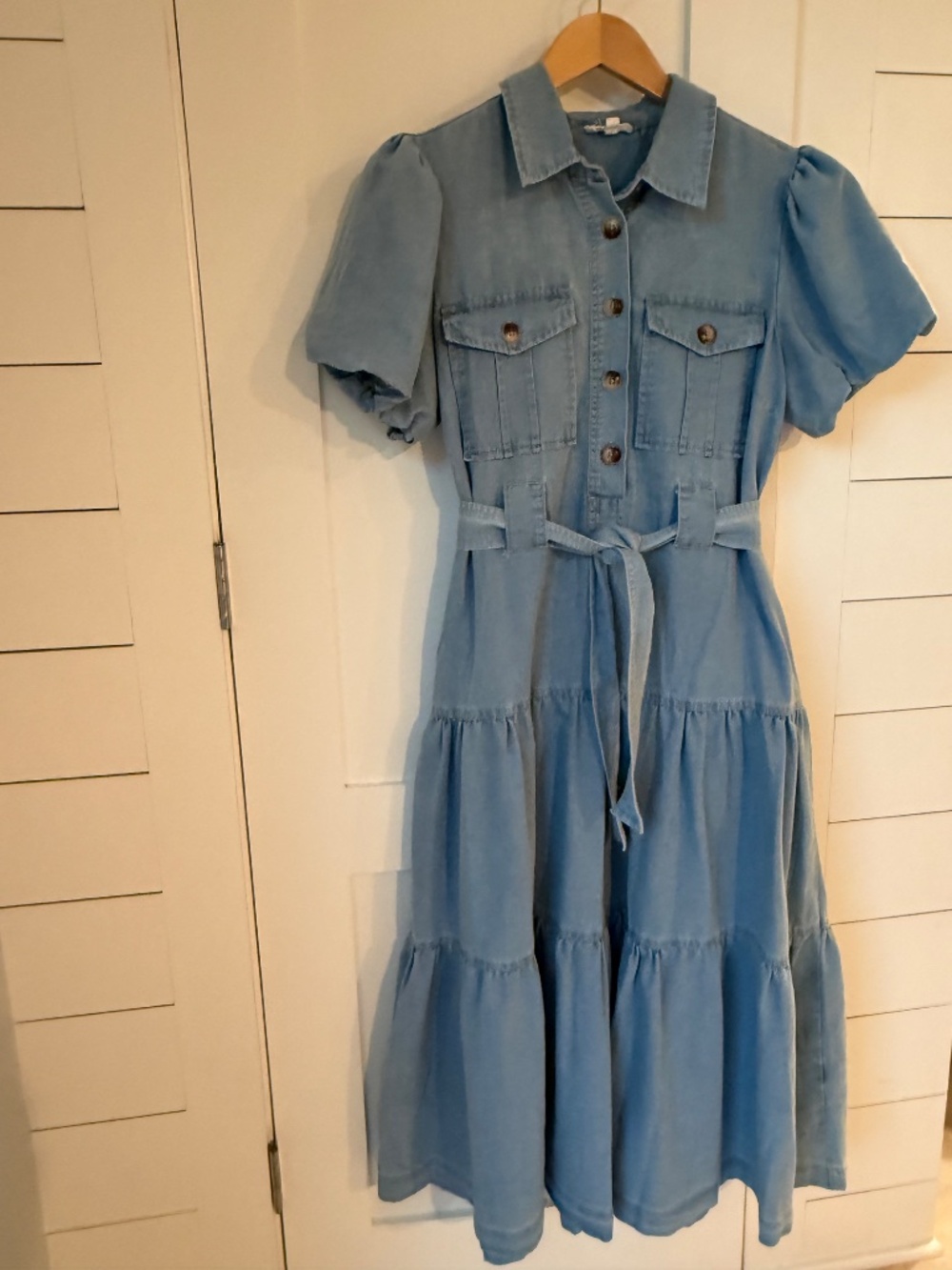 Elan Blue Denim Chambray 100 % Cotton Belted Maxi Dress Large Puff Sleeve